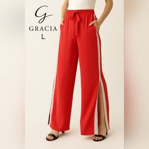 Gracia Women's Wide Leg Orange Pants Glitter Side Stripes & Slits Size L
